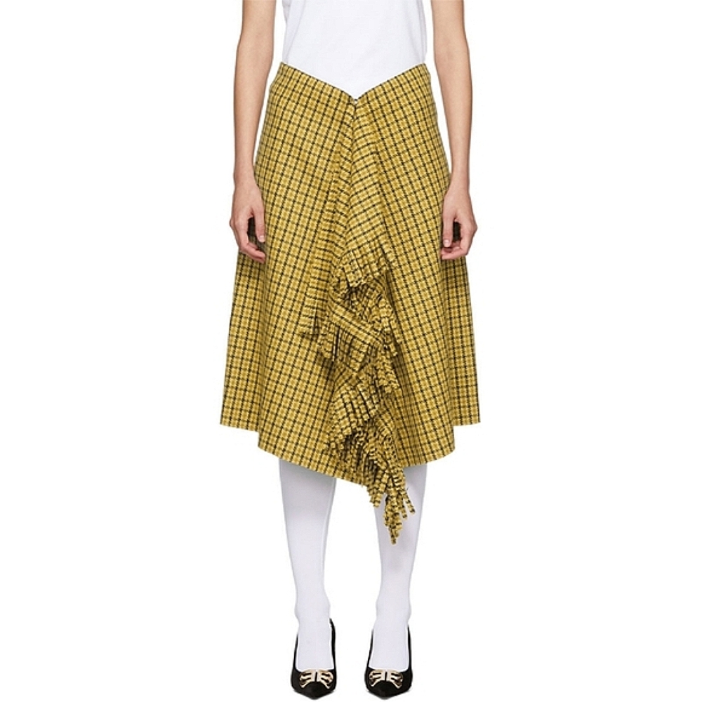 Balenciaga Wool Houndstooth Yellow Fringe‎ Wrap Skirt Size 38
